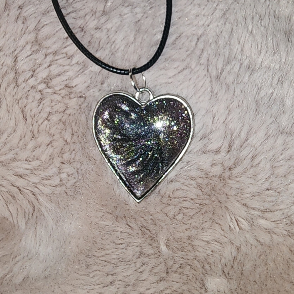 Cosmic Silver Heart Necklace with Galaxy Design
